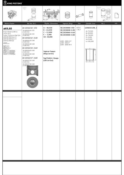 Piston Segman 69.60 0.40 Corsa C-Combo C-Palio-Albea-Doblo 1.3 Z13dt 01 Euro4 70ps 877070604000bg-87-70706 040 87-137606 / 87-844406-22