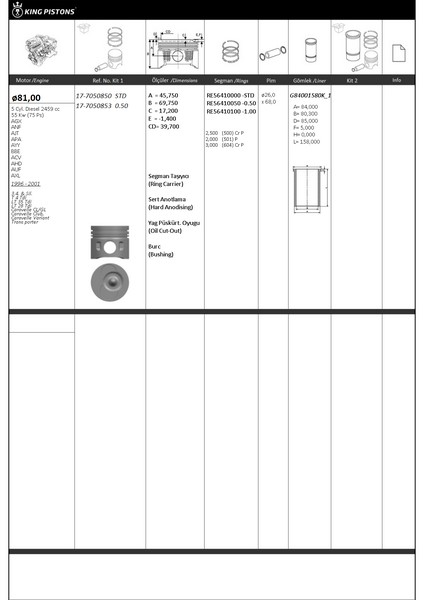 Piston Kiti 1 3.4. 5 Sil. 81 Std Vw-Audi-Skoda-Seat 3.4. Sil. T 4 Tdi Lt 35 Tdi Lt 28 Tdi Cara Velle Cl/Gl Caravelle Club Caravelle Variant Trans Porter Agx-Anf-Ajt-Apa-Ayy-Bbe-Acv-Ahd-Auf-Axl