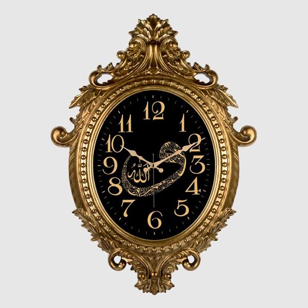 731-Vav Duvar Saati Altin Sarisi Çerçeve Allah /Vav Yazili Çap:73cm X 54cm Vintage Taçli Eksitme Dekoratif Amerikan Bristol Kadran Akar Saniyeli Mekanizma Akrilik Boya Mineral Cam