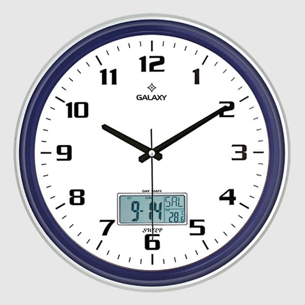 Duvar Saati Lacivert-Gri Çizgi Çerçeveli 35.5cm Takvimli Termometreli Higrometreli Analog Ve Dijital Göstergeli Amerikan Bristol Kadran Akar Saniyeli Mekaniz Metalik Akrep/Yelokovan/Saniye Mineral Cam