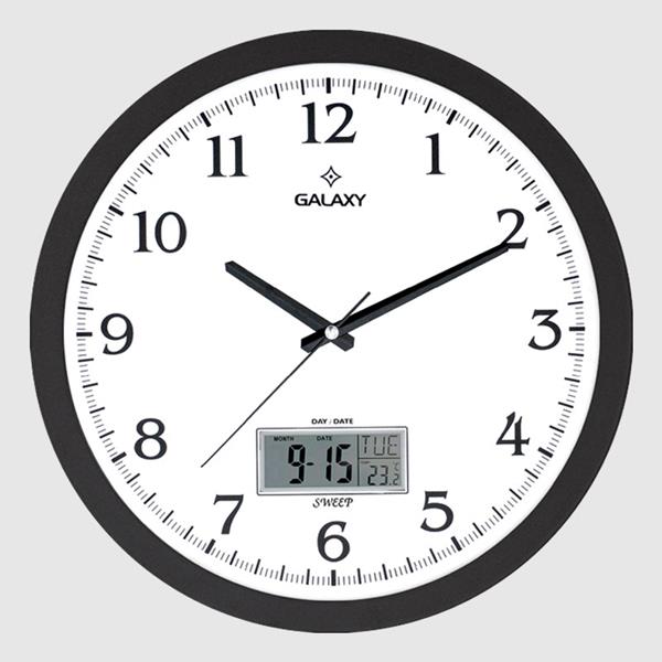 T-1964-K Duvar Saati Siyah Çerçeveli 35.5cm Takvimli Termometreli Higrometreli Analog Ve Dijital Göstergeli Amerikan Bristol Kadran Akar Saniyeli Mekaniz Metalik Akrep/Yelokovan/Saniye Mineral Cam