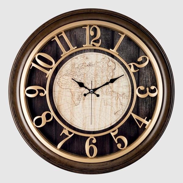 1965-Va Duvar Saati Kahverengi Çerçeveli İçi Kahve-Kakrem Haritali 45cm Kabartma Rakamli Selefon Korumali Amerikan Bris.Kadran Metalik Akrep/Yelkovan/Saniye Akar Saniyeli Mekanizma Akrilik Boya