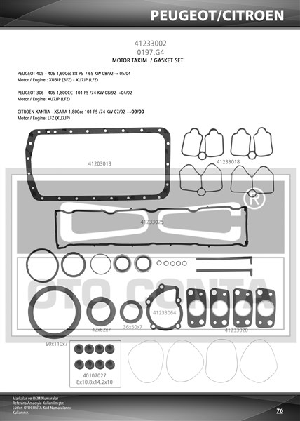 Motor Takim Conta Alt/Üst Full Keçeli-Subap Lastikli Xsara-P306-P406-Xantia Bfz Xu5jp -Lfz Xu7jp