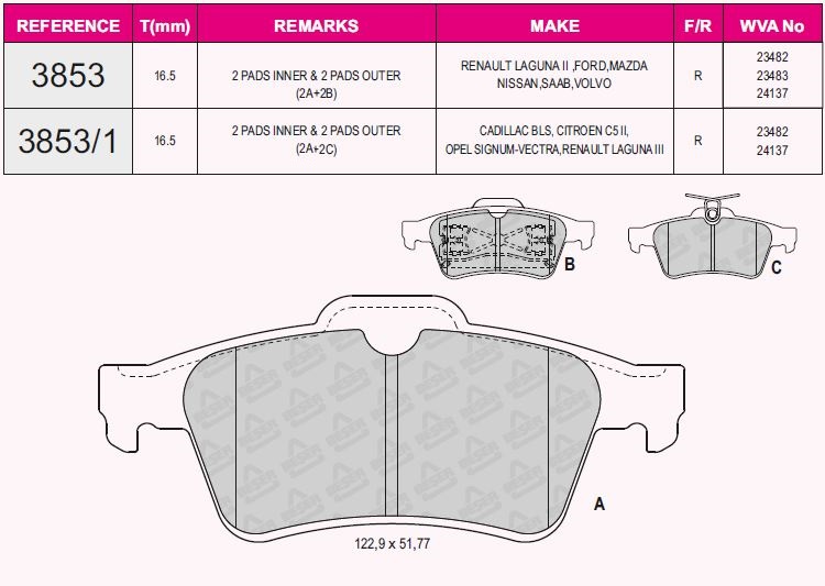 Balata Arka   ( Vectra.C+Focus.2 04-   +Focus.3 10-   +Connect 02-   +C-Max 07-   +Kuga+Mazda 3+Laguna.2+Laguna.3+S40.2+Primera+C5 08-   +Xk 07-   +Xf 08-   +S-Type 99-   )( Opel+Ford+Mazda+Citroen+Jaguar+Renault+Volvo+Jaguar ) 123x52x16 Ustten Yayli Modeli