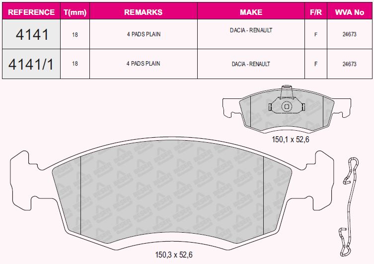 (*) Balata On   ( Logan 07-   +Logan Mcv 07-   +Sandero 08-   =Dacia ) 151,3+150,1x52,5x17,5